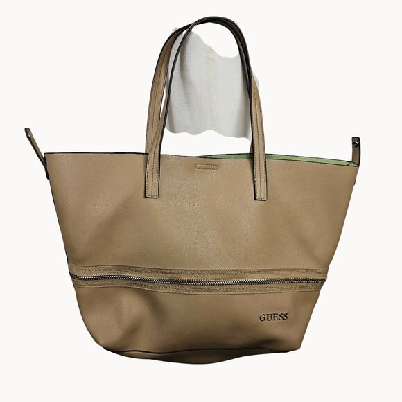 GUESS Beige Brown Green Lined Handbag Hobo Tote Bag Faux Leather Purse XL - Picture 3 of 16